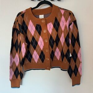 Anthropologie Argyle Button-Up Sweater - Pink, Brown, Black
